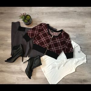 Plaid Cropped Zipper Blouse